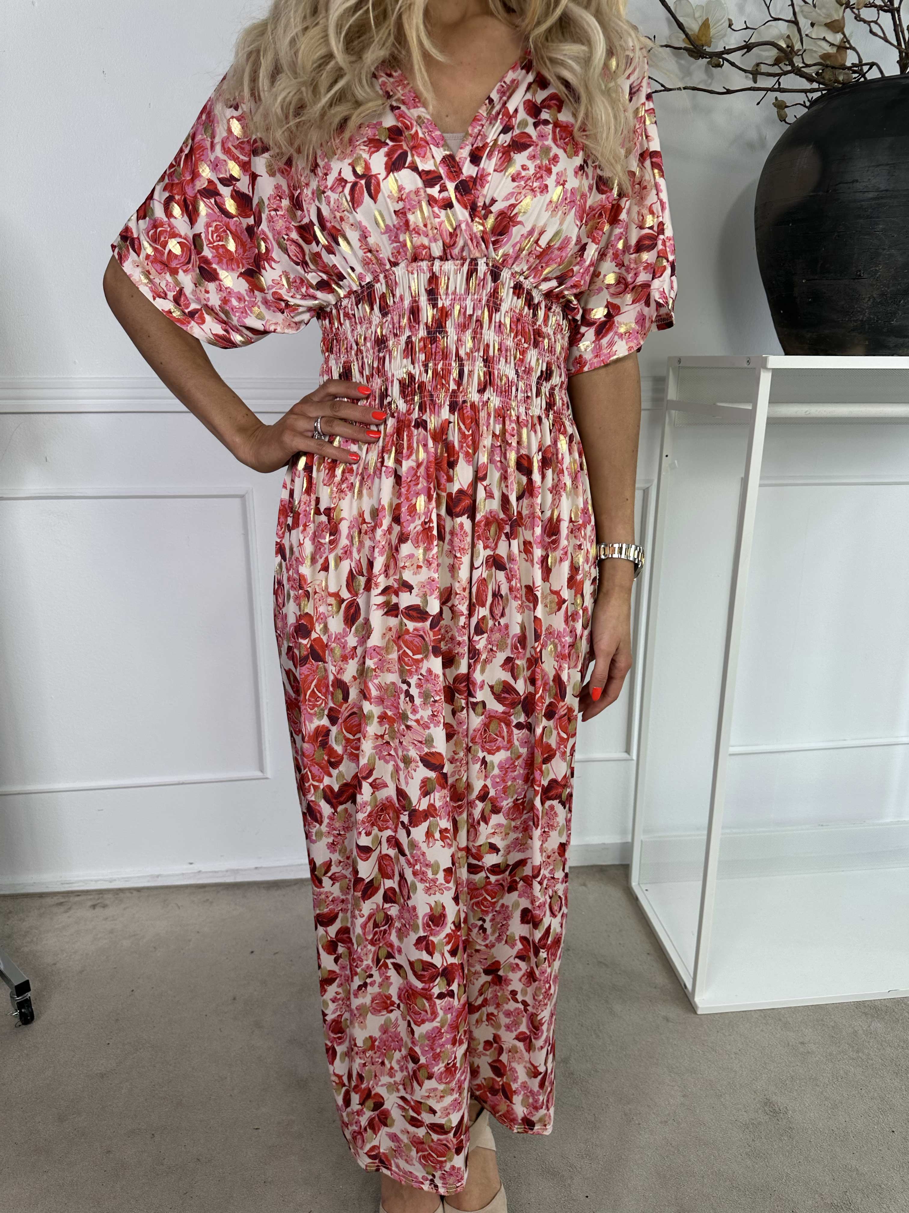 Pams Small Rose - Elastisk kjole med blomsterprint og guld detaljer